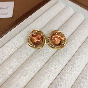 Women Vintage Amber Resin Gold Statement Stud Earrings Retro Bold Silver Needle